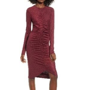 NWOT Leith Nordstrom maroon colored ruched long sleeve fall dress size L 10 12